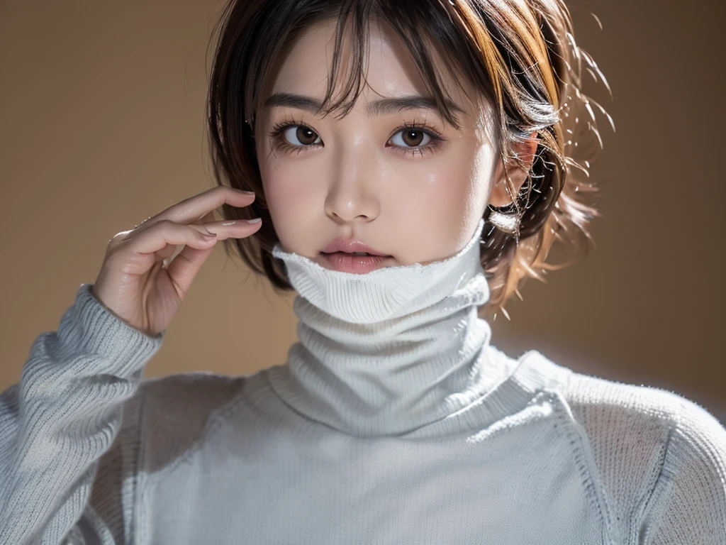 (((masterpiece, best quality,ultra-detailed,8k,high resolution))), (upper body),24 years old ,Japanese girl, 1girl, short hair, (Cover face with a turtleneck sweater:1.7),(grabbing turtleneck collar),
((Half a face out of a sweater))