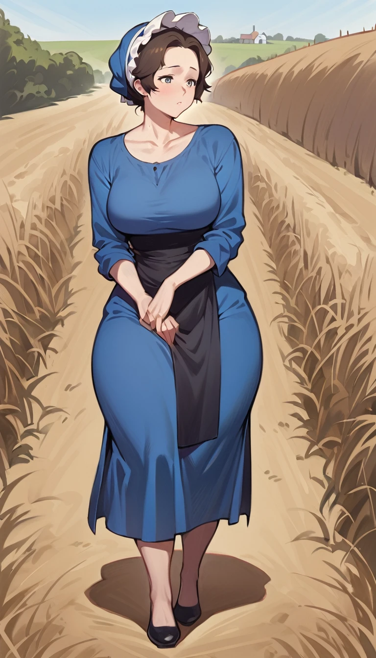 1woman, adult amish woman, 40 years old, pale skin, long sleeved blue dress with exposed collarbone, she wears small black apron over her blue dress, full body shown, very short brown hair, forehead exposed, big forehead, white bonnet kapp that covers a majority of her hair, wide hips, thick thighs, wearing simple black flats, thick legs, slightly below the knee dress, slight face wrinkles, tight sleeves, standing upright in a farm field, no makeup, hands on lap, side view, aged face, busty, rosy cheeks, small sweat head on face