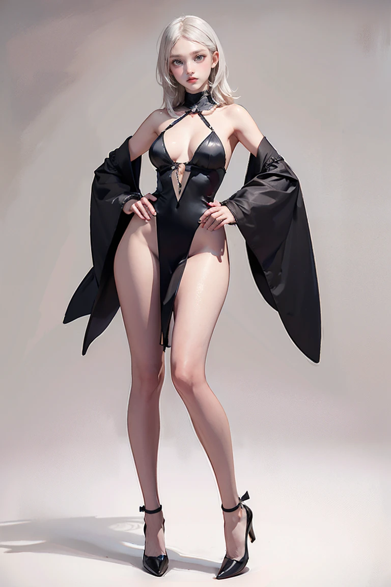 Master of animation, A perfect masterpiece, On a pure white background、Dressed in cool, sexy and modern clothes、Sexy mature modern woman standing, Flowing silver hair, Full Body Stand Posture, Thin legs, Straight chest, Detailed facial details, Natural and beautiful standing posture, Crisp and realistic body detail,(NSFW:0.5)