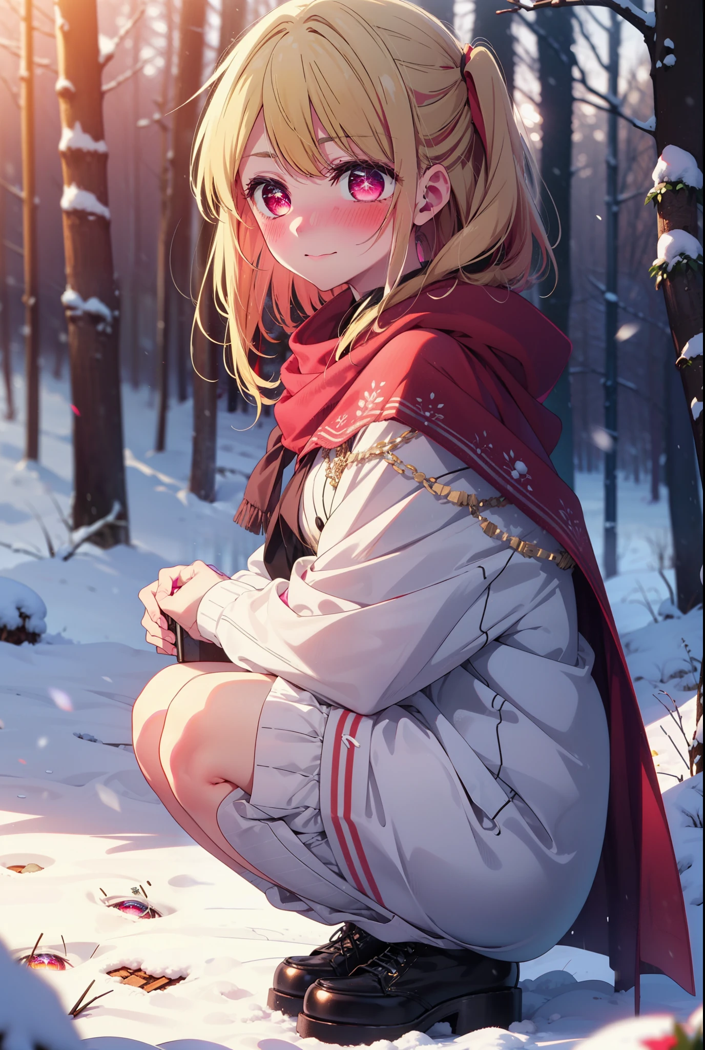 rubyhoshino, Hoshino Ruby, Long Hair, bangs, blonde, (Pink Eyes:1.3), Side Lock, (Symbol-shaped pupil:1.5), Multicolored Hair, Two-tone hair, smile,,smile,blush,white breath,
Open your mouth,snow,Ground bonfire, Outdoor, boots, snowing, From the side, wood, suitcase, Cape, Blurred, , forest, White handbag, nature,  Squat, Mouth closed, Cape, winter, Written boundary depth, Black shoes, red Cape break looking at viewer, Upper Body, whole body, break Outdoor, forest, nature, break (masterpiece:1.2), Highest quality, High resolution, unity 8k wallpaper, (shape:0.8), (Beautiful and beautiful eyes:1.6), Highly detailed face, Perfect lighting, Highly detailed CG, (Perfect hands, Perfect Anatomy),
