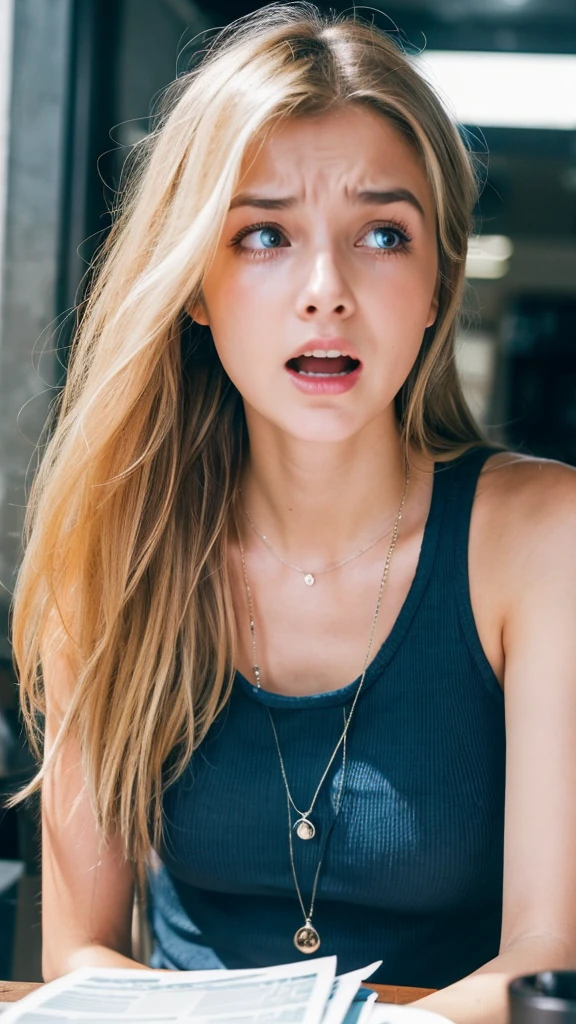 Emily, a young woman with clear blue eyes and a terrified expression, is crying out loud. She has long, blonde hair styled in a casual, tousled look with natural waves and a healthy shine. She is dressed in a summer tank top. She is standing and looking at a bill with a large amount due, appearing shocked. The background is filled with images of financial stress and warning signs.
