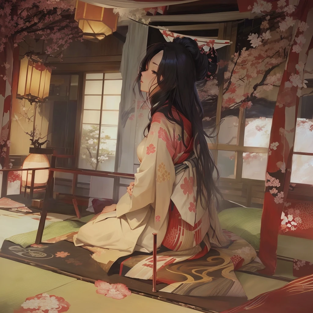 An anime scene of a woman in a kimono sitting on a bed, Painted in an anime artist&#39;s studio, Singey, Digital art on Pixiv, pixiv Contest Winner, feudal japan art, by Kamaguruka, by Shimo, guweiz on pixiv artstation, Beautiful artwork illustration, Anime style digital art she is a japanese woman she is 17 years old. she is very skinny. Her shoulders are very narrow. she is naked. her breasts are small. She is 170 cm tall. She weighs 35kg. She has a transparent pink cunt exposed. She draws the female genitalia clearly.Her outline is thin and she doesn't use black, A sweet look in love. Her cheeks are dyed red. Japanese painting. pale watercolor. Do not draw outlines.The uterus and vagina are visible through the skin. The skin is transparent and the organs are visible.Very thin, small breasts, thin legs Pink straight hair, brown eyes, A short skirt with a checkered pattern, a tie of the same color as the skirt, and a navy blue blazer.Female genitalia exposed.  with an anarchic color scheme.A Japanese high school girl is coming home from school and changing her clothes, exposing her skin.She is wearing a navy blazer, a plaid/checkered skirt, black knee-high socks, and has long pink hair, wearing glasses.The genitals are exposed and conspicuous.I'm changing clothes in my room and I'm naked. She doesn't even wear underwear.Do not draw outlines. A pale watercolor painting. Color saturation is low.