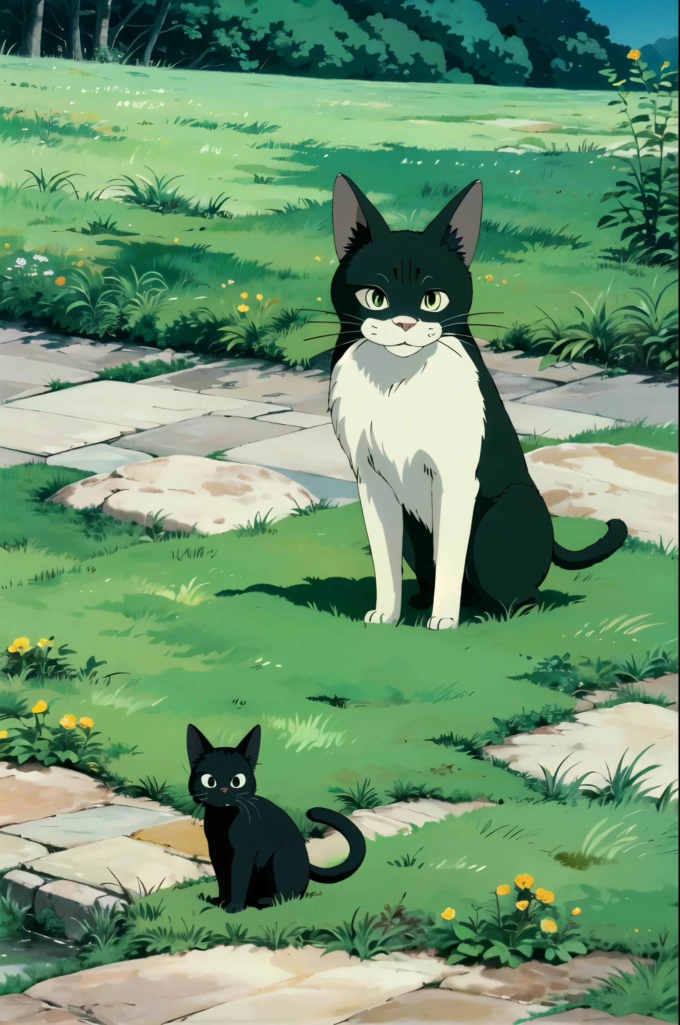 (((ghibli style))),animal,A cat sitting on the grass