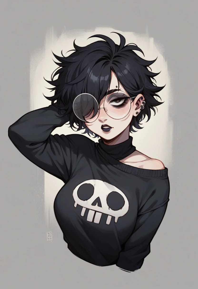 An attractive woman with seductive curves and wearing a black sweater with white stripes. Round glasses over her eyes and long, messy hair. Goth Emo