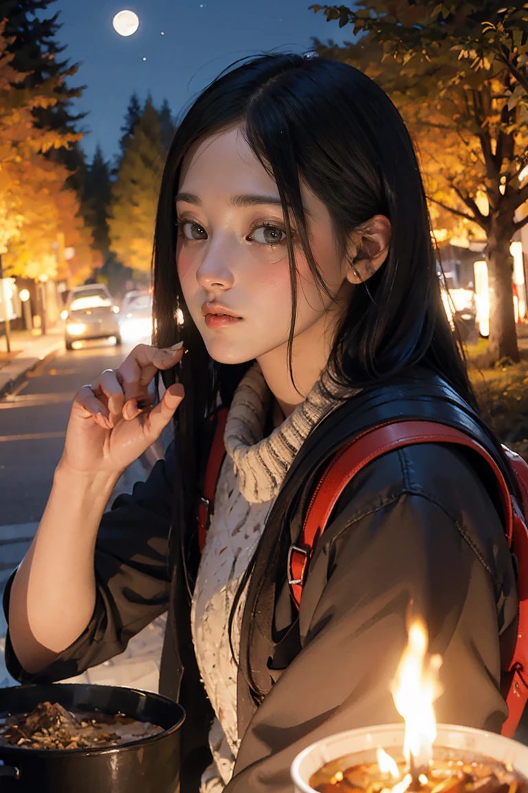 1 female((Upper body selfie, Happy)), masterpiece, Highest quality, Very detailed, alone, Outdoor, (night), Mountain々, nature, (performer, moon) Hilarious, Happy, Backpack, sleeping bag, Camping stove, forest, rock, river, wood, cigarette, Shadow, Contrast, sunny, Analog Style (Displaying the viewer:1.2) (Skin Texture) (Film Grain:1.3), (Warm colors, Warm tones),NSFW, Revealing clothing