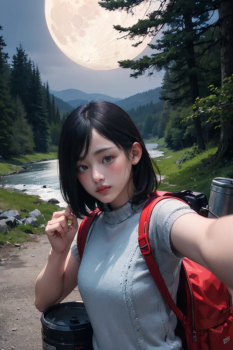 1 female((Upper body selfie, Happy)), masterpiece, Highest quality, Very detailed, alone, Outdoor, (night), Mountain々, nature, (performer, moon) Hilarious, Happy, Backpack, sleeping bag, Camping stove, forest, rock, river, wood, cigarette, Shadow, Contrast, sunny, Analog Style (Displaying the viewer:1.2) (Skin Texture) (Film Grain:1.3), (Warm colors, Warm tones),NSFW, Revealing clothing