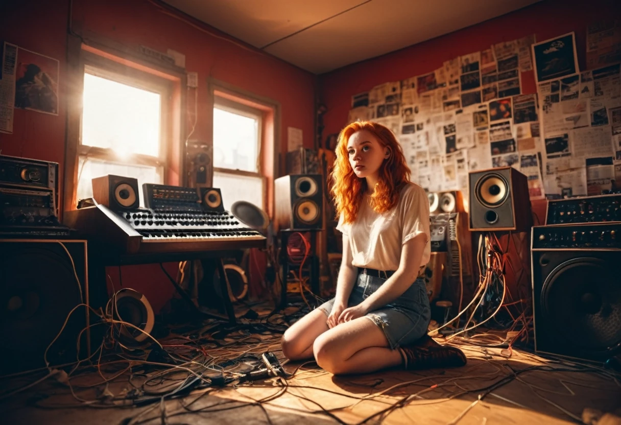 Grainy, vintage realistic photo of a Ginger Girl singer sitting in a messy, dusty, cozy sound studio filled with synths, speakers, wires, microphones, audio equipment, posters on the wall, paper notes on the floor, extremely high quality, volumetric lighting, shining through the windows light rays, cinematic lighting, backlights, red sunset, depth of field, retro, low angle shot, perspective, ambient occlusion, hazy, old, warm, intimate, perfect anatomy, symmetrical face