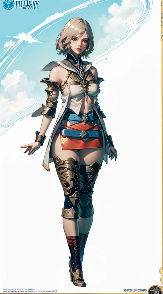 S-curve, s line, masutepiece, of the highest quality, Official art, Beautiful and aesthetic:1.2), ighly detailed, Colorful, highest details, Illustrations, Everyday scenery, 1girl in, Solo, (large boob, Final Fantasy 12, Ashelia, shorth hair, short-hair, Ashelia Costume, Red mini skirt, thighs thighs thighs thighs, Knee socks that cover up to the shin, jewely, Blue belt, Number on one of the belts), Medieval fantasy, move chart, close-up, Best Quality