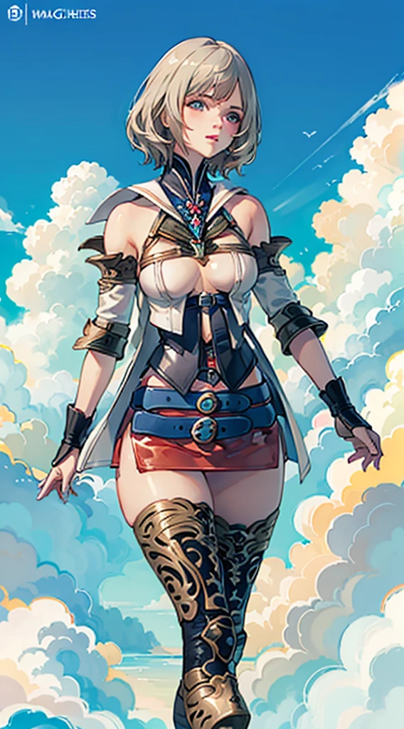 S-curve, s line, masutepiece, of the highest quality, Official art, Beautiful and aesthetic:1.2), ighly detailed, Colorful, highest details, Illustrations, Everyday scenery, 1girl in, Solo, (large boob, Final Fantasy 12, Ashelia, shorth hair, short-hair, Ashelia Costume, Red mini skirt, thighs thighs thighs thighs, Knee socks that cover up to the shin, jewely, Blue belt, Number on one of the belts), Medieval fantasy, move chart, close-up, Best Quality