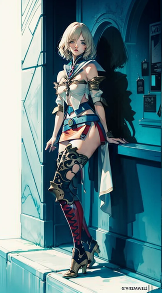 S-curve, s line, masutepiece, of the highest quality, Official art, Beautiful and aesthetic:1.2), ighly detailed, Colorful, highest details, Illustrations, Everyday scenery, 1girl in, Solo, (large boob, Final Fantasy 12, Ashelia, shorth hair, short-hair, Ashelia Costume, Red mini skirt, thighs thighs thighs thighs, Knee socks that cover up to the shin, jewely, Blue belt, Number on one of the belts), Medieval fantasy, move chart, close-up, Best Quality