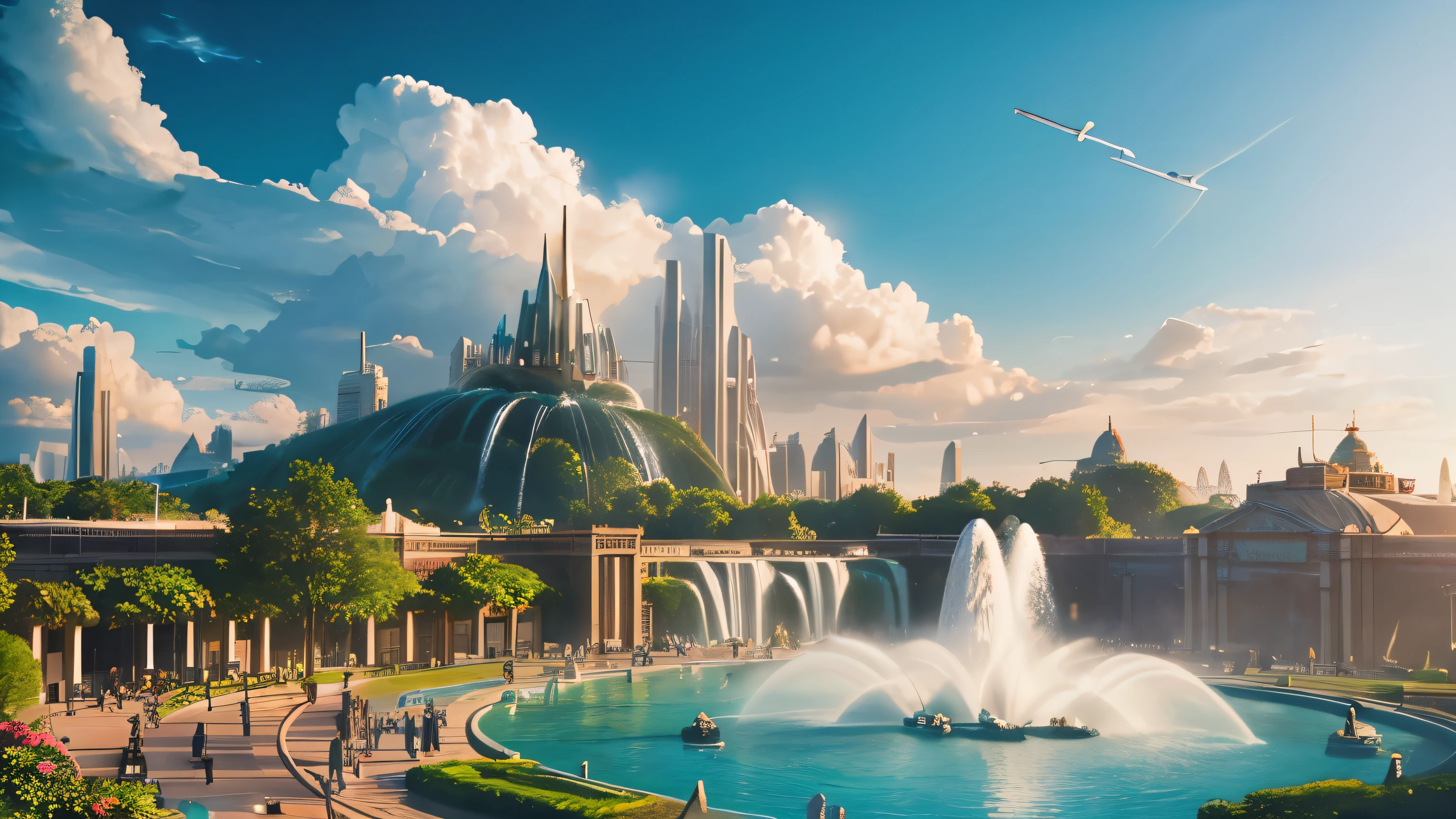 (Realistic, Photorealistic:1.4), Beautiful illustration, SF world, Cloud City, Floating Fountain, floating water fall