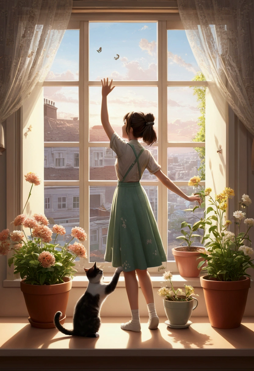Table Top, Top Quality, Table Top, Top Quality, Official Art, Highly Detailed CG Unity 8K Wallpaper, Subtle Retro Colors, Rice Print Style, Illustration, Cute, One Girl, Flowers, Window, Flowerpot, Coffee Drink,. Lots of illustrations of musical notes on the windowsill.cat,dancing girl,Illustration of musical notes on the windowsill,girl and cat dance
