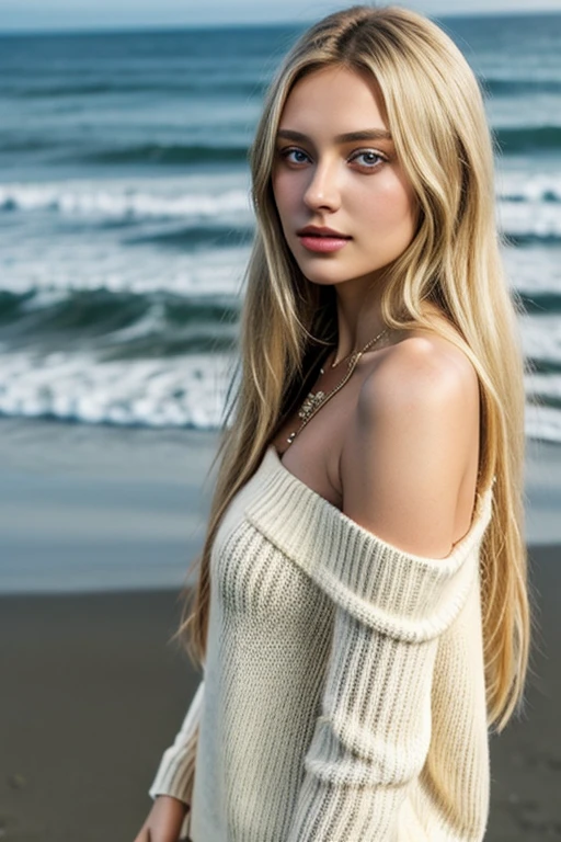 1girl in, age19, Solo, Long hair, Colossal , Looking at Viewer, blondehair, Bare shoulders, Brown eyes, jewely, Full body, a necklace, off shoulders, Sweaters, Realistic, A sexy, overlooking the sea 