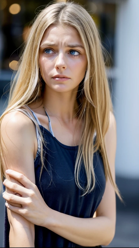 Emily, a young woman with clear blue eyes and tears streaming down her face, is crying out in distress. She has long, blonde hair styled in a casual, tousled look with natural waves and a healthy shine. She is dressed in a summer tank top. She is holding a smartphone showing a declining investment portfolio, looking extremely anxious and upset. The background is dark and gloomy, with warning signs and downward arrows indicating financial decline.