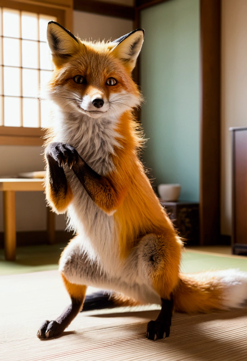 Senko (the helpful fox senko-san) naked and posing She is kneeling / on all fours with his butt pointing towards the camera, you can see her fluffy tail and her vagina dripping, You can see a Japanese style room in the background