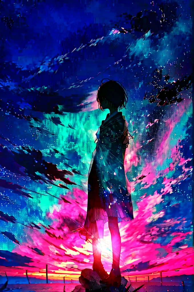 At night, Teenager standing on the beach,Look up at the starry sky,Full body photo,Delicate,pain, Anatomically correct,(Beautiful composition),((Highest quality,Masterpiece))