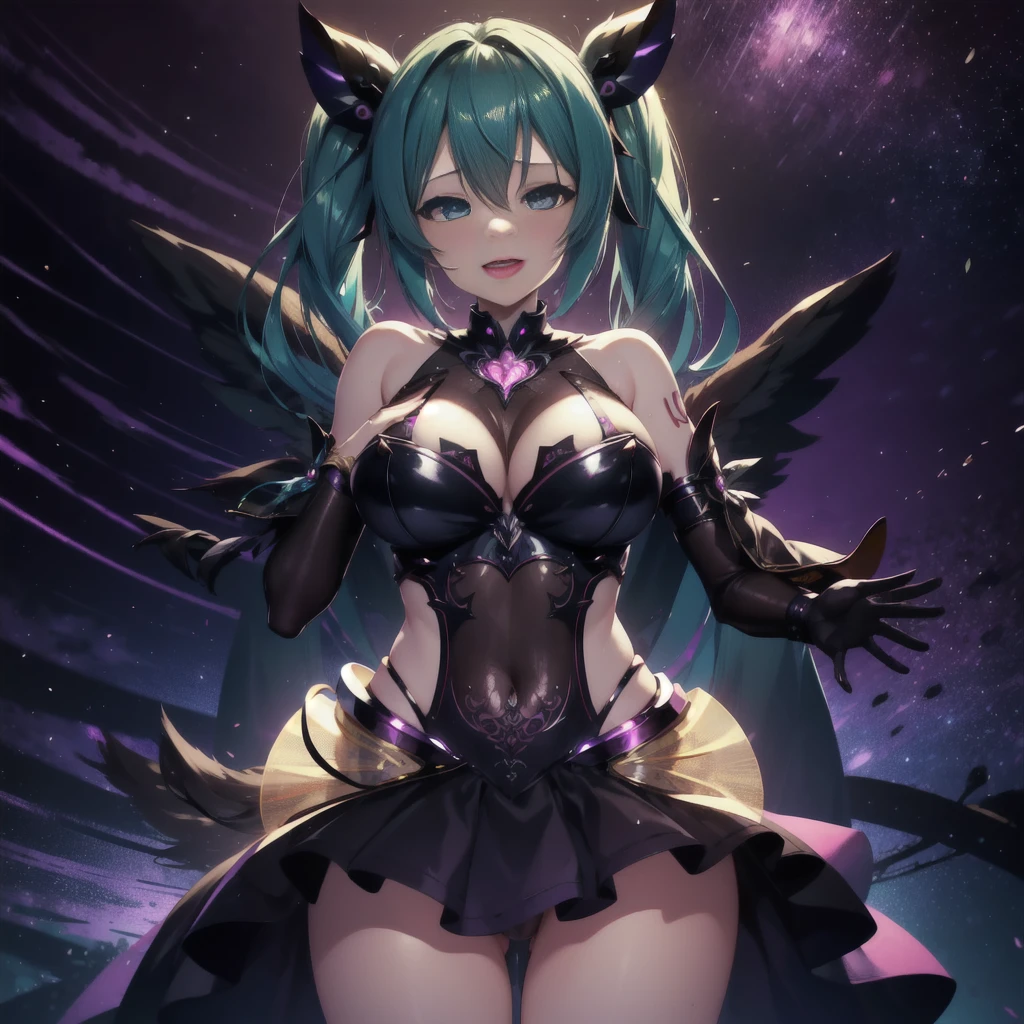 (masterpiece),(Highest quality),(Super detailed),(Best illustrations),(Best Shadow),(Absurd),(Detailed Background),(so beautiful)Hatsune Miku, 16K, 8k, 4K,(Best Shadow), (so beautiful), One person, alone, bluegreen hair, , , (detailed beautiful eyes), Big Breasts, , heart-shaped pupils, Oculogyric crisis, curvy, , Perfect figure, , , Arched back, Beautiful nipples, pussy, orgasm, afterglow, erotic smile, , , Open your mouth languidly, , Sexy posture, , , cross-eyed, rolling eyes, , water eyes, tears, , tongue out, , , , saliva trail, , shiny skin, , Thigh fetish, , , torogao, ahegao, BREAK, , Dramatic lighting, , Psychedelic Background, night, pink neon, , Torrent of Light, mysterious, spoken heart,, , ,crotch tattoo