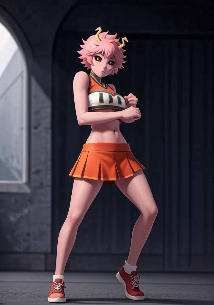 mina ashido, 1girl, solo, looking at viewer, short hair, simple background, yellow eyes, pink hair, horns, colored skin, colored sclera, black sclera, pink skin, U.A. CheerUniform, orange skirt, cheerleader, ((bare belly)), perfect shading, bare shoulders, big breasts