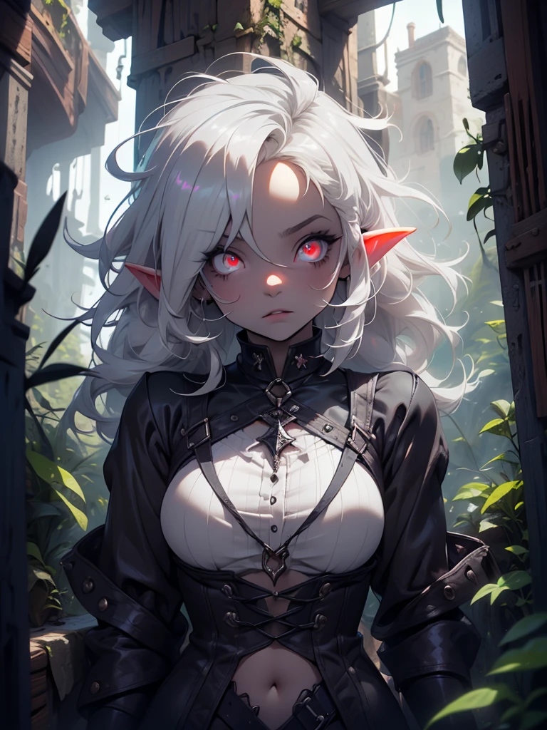 high-quality, ultra-detailed, white hair, long disheveled hair, colored skin, ((gray skin)) red eyes, glowing eyes, underground scene, very big breasts, elf ears, pointed ears, blue aura, monster girl, monster girl, goth girl, goth makeup, pawg, tomboy, Dark, Ethereal, fantasy, details, style, gothic, melacholy, allusive, goblin girl, goblin girl