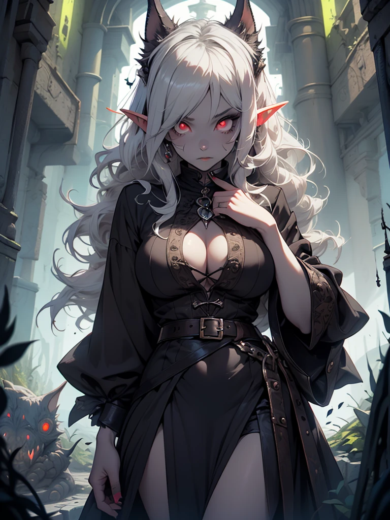 high-quality, ultra-detailed, white hair, long disheveled hair, colored skin, ((gray skin)) red eyes, glowing eyes, underground scene, very big breasts, elf ears, pointed ears, blue aura, monster girl, monster girl, goth girl, goth makeup, pawg, tomboy, Dark, Ethereal, fantasy, details, style, gothic, melacholy, allusive, goblin girl, goblin girl