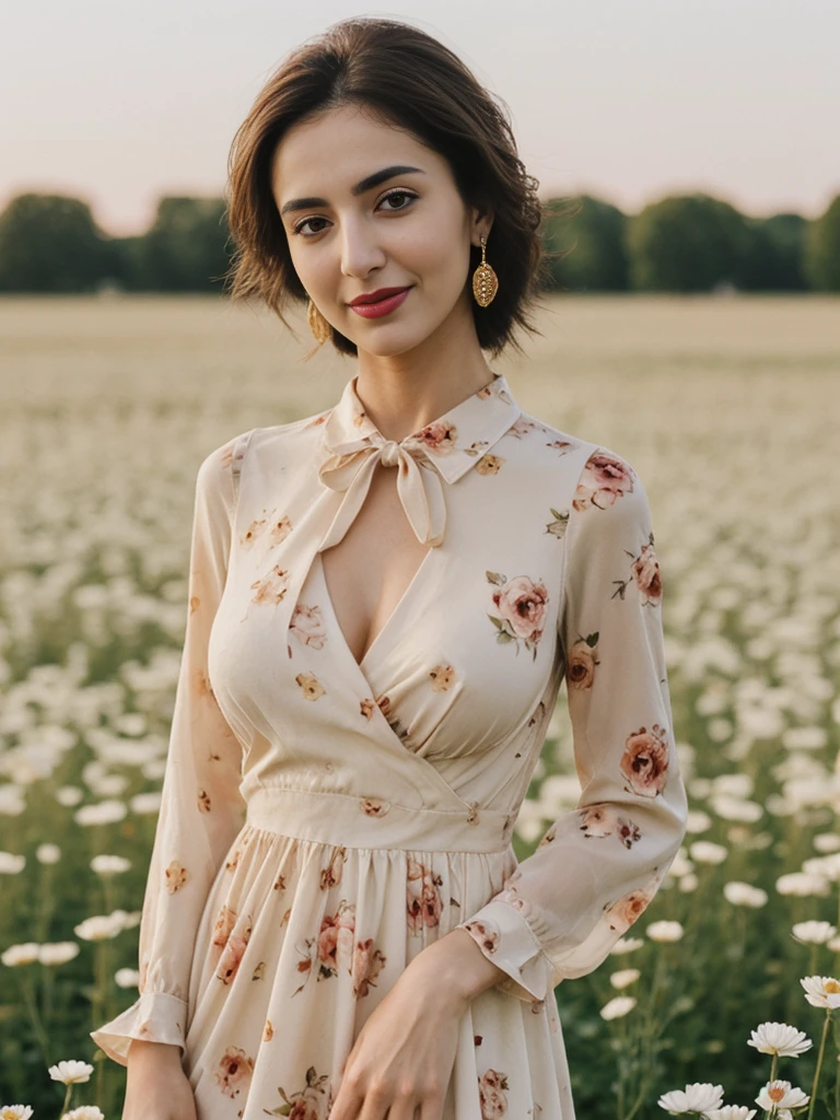 Noura, 1girl, solo, ((Qatari woman)), consistent face and body, ((MILF)), ((30 years old)), (mature), ((slim)), ((Qatari face)), (Qatari nose), (Qatari lips), ((cranky hair)), upper body and upper legs, (background: city flower field at sunset), BREAK, (wearing light-cream printed Flare Dress), smirking, teasing
