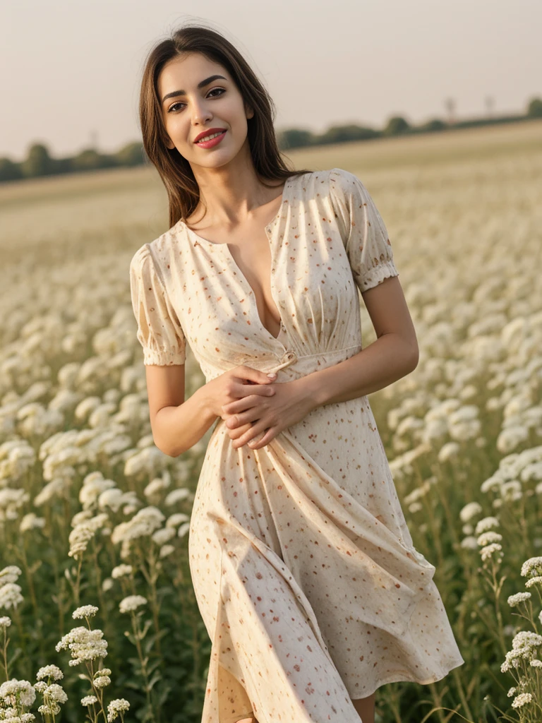 Noura, 1girl, solo, ((Qatari woman)), consistent face and body, ((MILF)), ((30 years old)), (mature), ((slim)), ((Qatari face)), (Qatari nose), (Qatari lips), ((cranky hair)), upper body and upper legs, (background: city flower field at sunset), BREAK, (wearing light-cream printed Flare Dress), smirking, teasing
