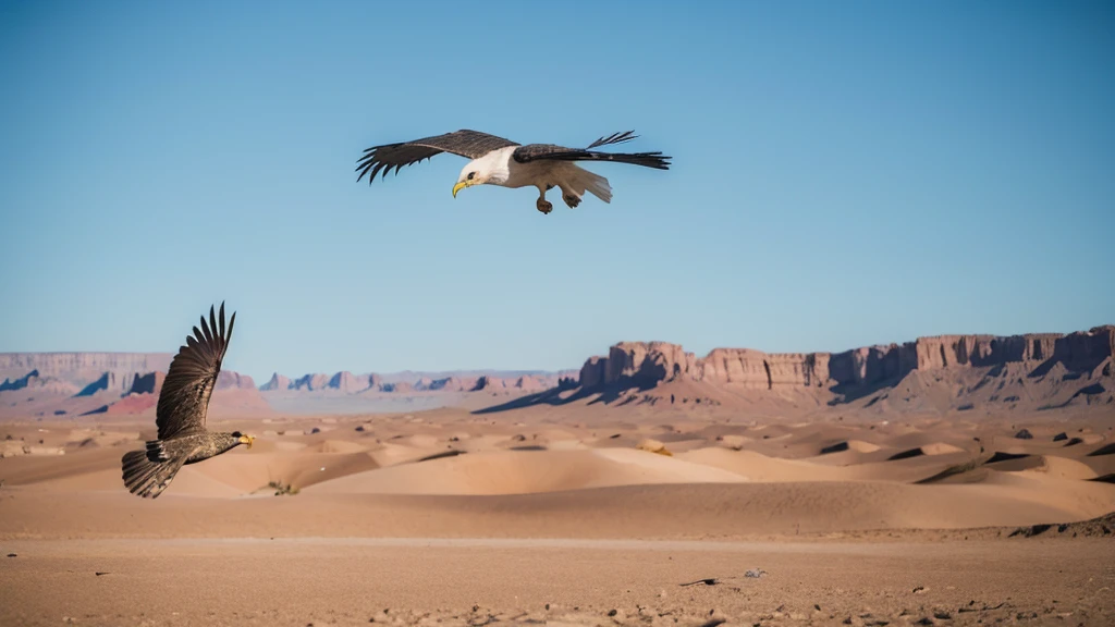 A bird of prey soars in the desert