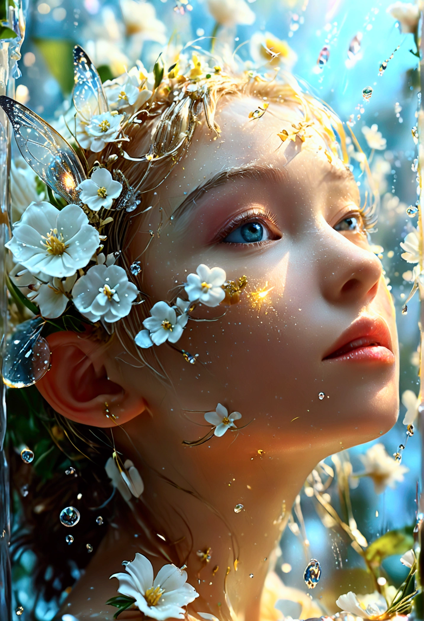 surreal details, ( bright resolution, Flying around large flower petals covered in fresh morning dew on a clear day, Tinkerbell in fluorescent white and gold_Upper body close-up angle ), A variety of small flowers and plants made of light, Ultrafine particles shining in the air_Mysterious background with small particles of natural light emitting light, ultra high resolution, 8k, Very detailed details, Product detailed image, surreal photo, the greatest masterpiece:1.2, A shining aura spreading in the air,