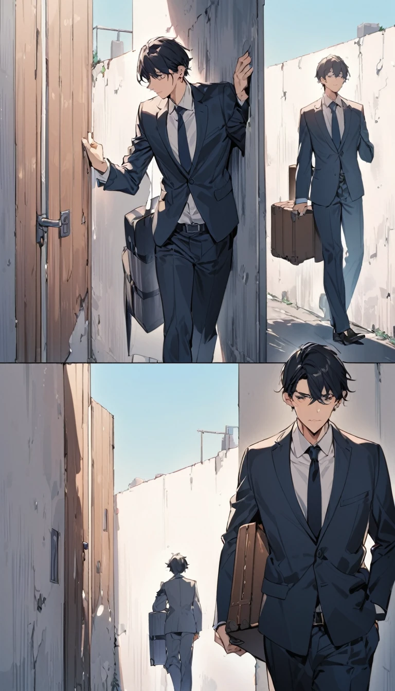 A boy in a suit leaned against the wall and cried,Outside the wall, a woman is walking out with a suitcase.