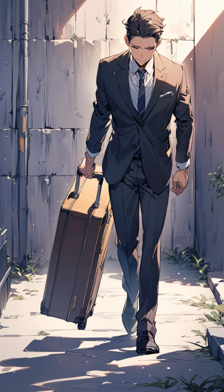 A boy in a suit leaned against the wall and cried,Outside the wall, a woman is walking out with a suitcase.