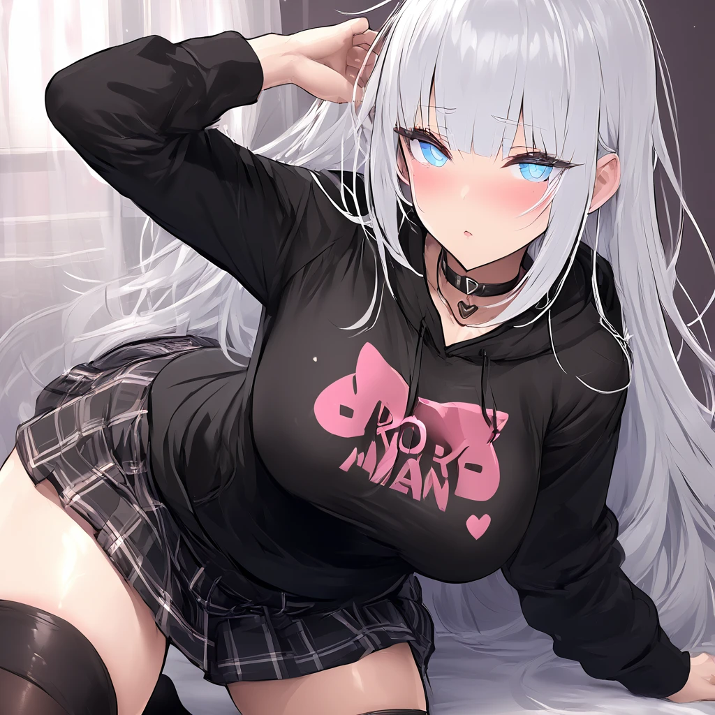 Masterpiece, Very detailed, Ultra-detailed, one beautiful woman, Beautiful woman - pleasant skin, Long platinum hair and bangs on the sides, bright eyes, big black hoodie, black thigh socks, skirt, choker necklace, heart eyes