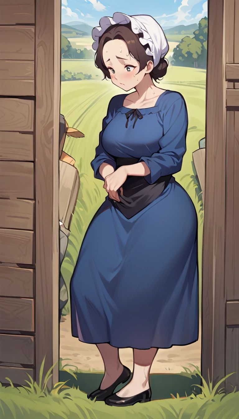 1woman, adult amish woman, 40 years old, pale skin, long sleeved blue dress with exposed collarbone, she wears small black apron over her blue dress, full body shown, very short brown hair, forehead exposed, big forehead, white bonnet kapp that covers a majority of her hair, wide hips, thick thighs, wearing simple black flats, thick legs, slightly below the knee dress, slight face wrinkles, tight sleeves, standing upright in a farm field, no makeup, hands on lap, side view, aged face, busty, rosy cheeks, small sweat head on face