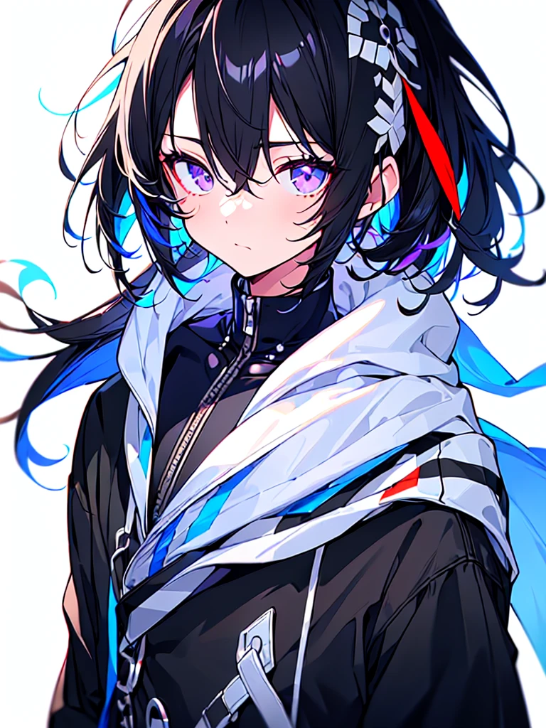 [(WHITE BACKGROUND:1.5),::5], ((((masterpiece)))), high quality, ultra very high resolution, full color, (((solo))), ((little boy)), Black hair, ((White streaked hair)), (Black eyes), anime, ((upper body)), black parka, 