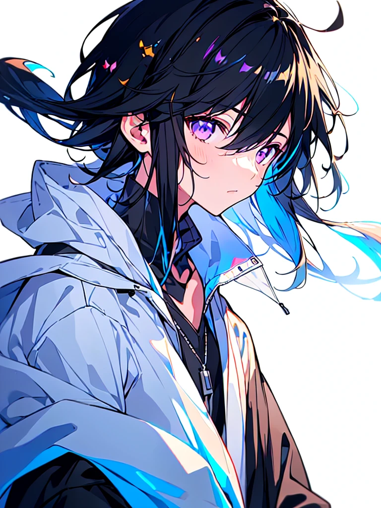 [(WHITE BACKGROUND:1.5),::5], ((((masterpiece)))), high quality, ultra very high resolution, full color, (((solo))), (()), Black hair, ((White streaked hair)), (Black eyes), anime, ((upper body)), black parka, 