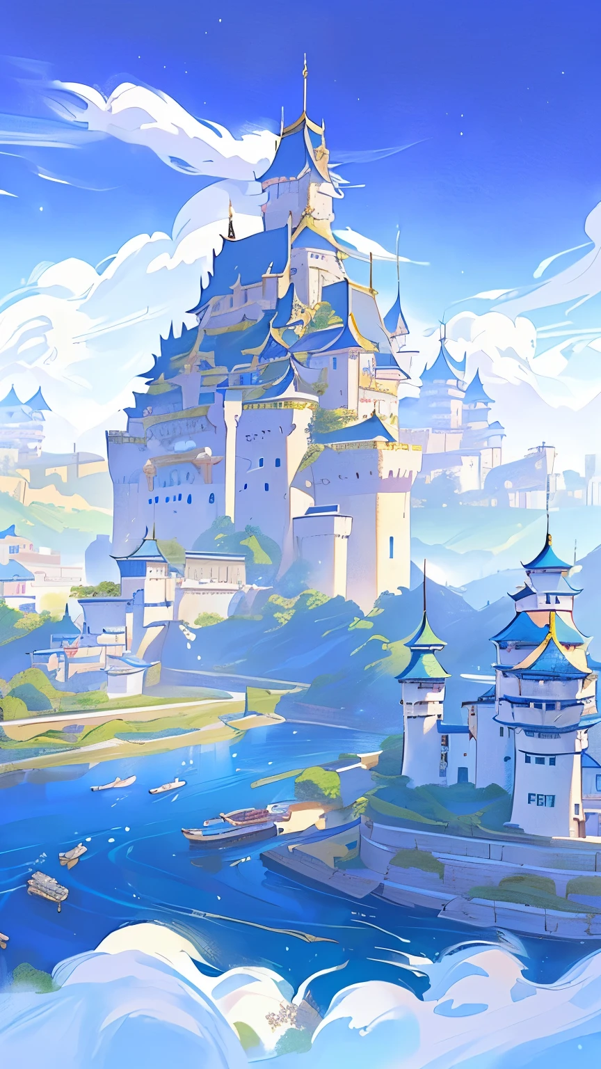 Anime style sky castle,There is a river and a boat, Feiyun Castle, Fairy tale style background, Background of Fuxing Port City, fantasy city background, Castle Background, Beautiful fairy tale, Fantasy painting,Lovely, a bustling magical town, medeival fantasy town, Fantasy City, fantasy town, Castle scene cartoon, Palace Background