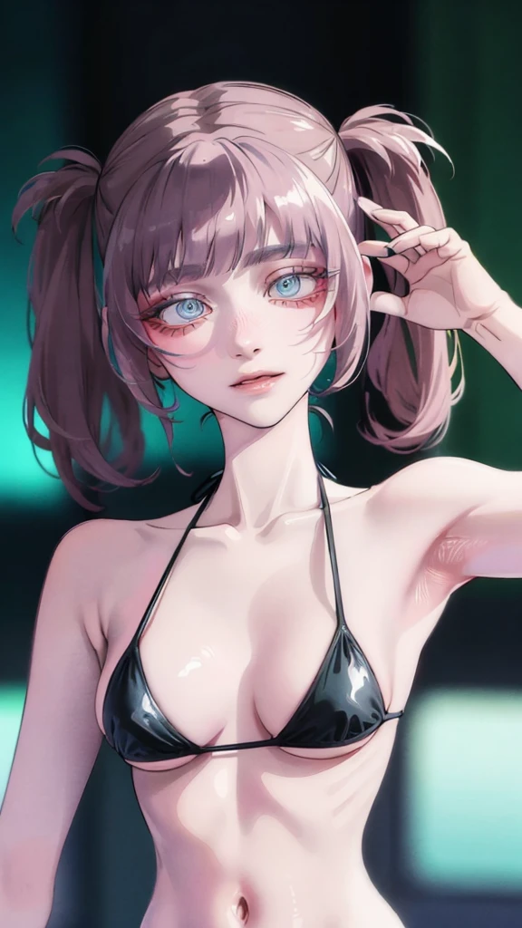 Nanakusa nazuna (Call of the night), Fleshy thighs, Instagram pose,Dynamic angle, Show armpits, ((Micro bikini)), Nipples, C cup, Happy expression, (Entire body image:1.5), (8K, Best quality, A high resolution:1.35), (RAW photo:1.2), (Photorealistic:1.37), (Masterpiece: 1.25), Dramatic lighting, Photon maping, Symmetry, Complexity, Elegance, (1 girl), Large of breast, Long eyelashes, Detailed eyelashes, Eye shadows, Glowing eyes, ((Natural makeup, Clear facial features)), ((Curvy build, Showing stomach)), ((Fine detailed beautiful eyes: 1.2)), Bad girl, Erotic, ((Pool background, Night))