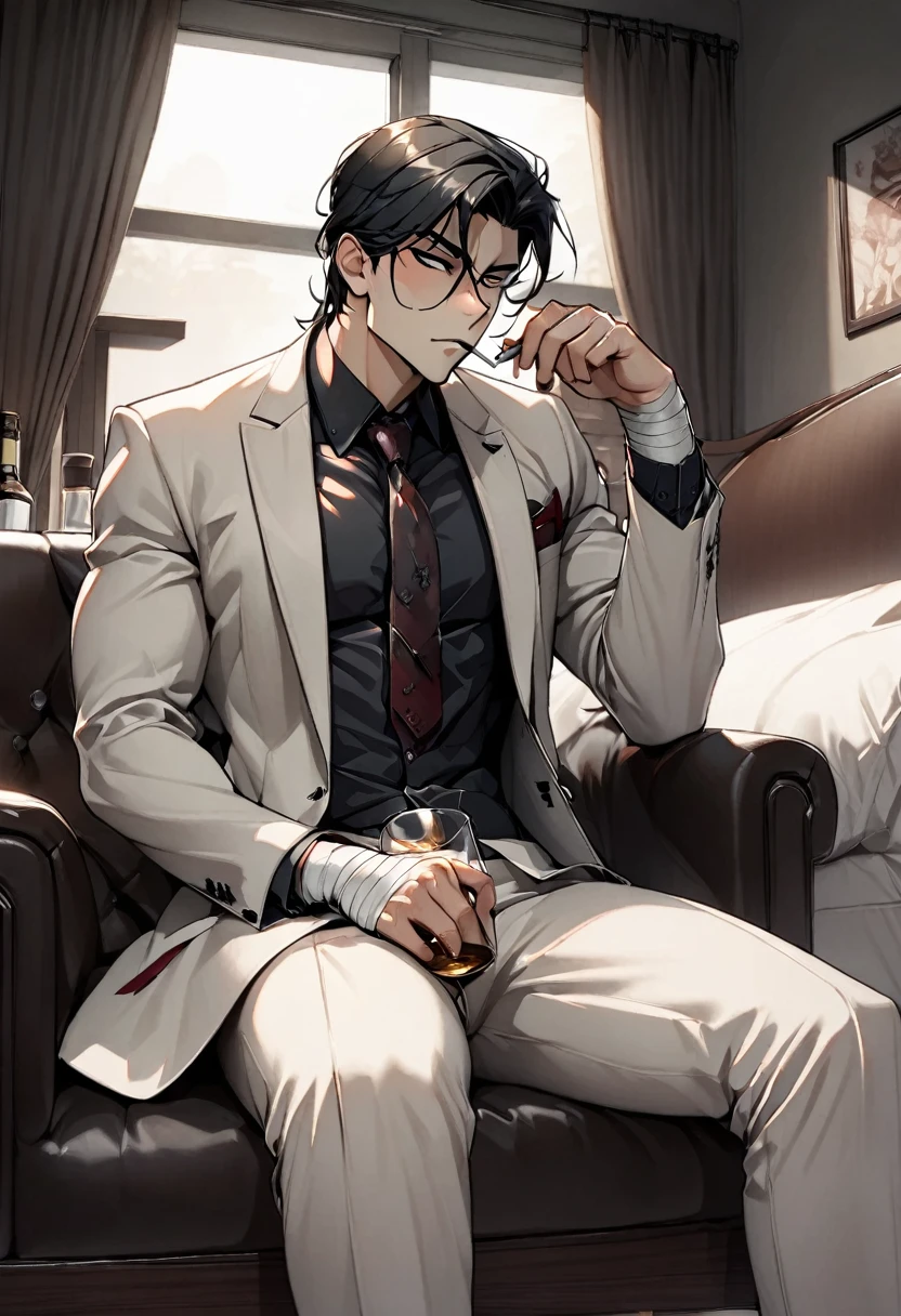 1boy, handsome, black hair, smoking cigarette, sitting in room, bandaged wrists, . scars around lower mouth, scars, bloody, serial killer, bloody, blood everywhere. psychopath, sociopath, suit, Mafia boss, scotch glass in one hand cigaratte in the other.