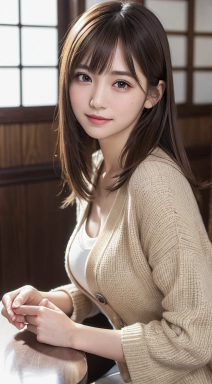 (tableトップ:1.3), High resolution, Super detailed, Highly detailed CG Unity 8k wallpaper, Realistic, Photorealistic, RAW Photos, Beautifully detailed face, Pale skin, Realistic glitter skin, Detailed cloth texture, Detailed hair texture, Beautiful Face, Acura, Anatomically correct, Highly detailed face and skin texture, Natural neck length, (Fair skin:1.2), （alone）、Brown Hair、｟Medium Hair｠、With bangs、Japanese female, 20 years old、Detailed eyes,Harajuku、Cute realistic pictures,｟Smile 1.6｠Looking into the camera、Mid-breasted、(Selfie)、｟Cute smile 1.6｠、Cardigan coat、Izakaya、table、sake