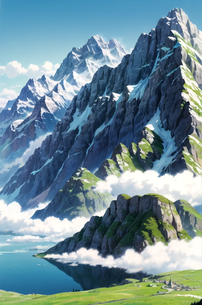 (((Ghibli style))),human nature, Austrian alpine meadows. Mountains in the background. Snow-capped peaks. summer. sun. good weather. photography. Mountain Lake