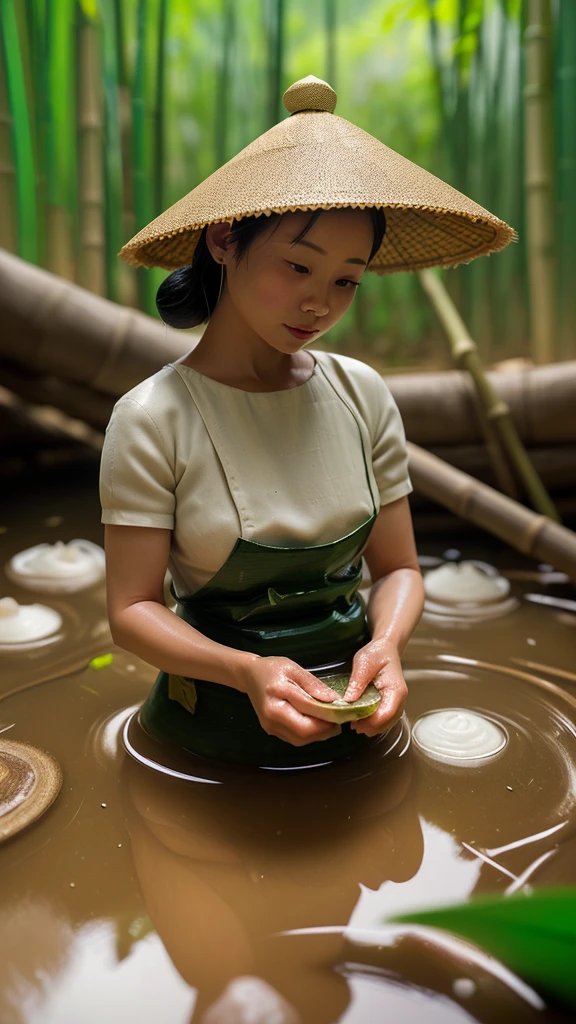 A miniature scene,A surreal miniature world created by glutinous rice dumplings and bamboo leaves，Large aperture lens，Tilt-Shift Photography，Woman wearing a bamboo hat，Washing sticky rice by the stream