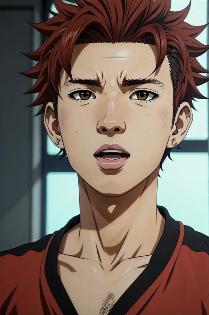 Haikyuu anime style capture, estilo Haikyuu, Chico, , Red hair, curly hair, slanted eyes, Brown eyes, ear piercing, tongue piercing, Karasuno , anime style capture of Haikyuu