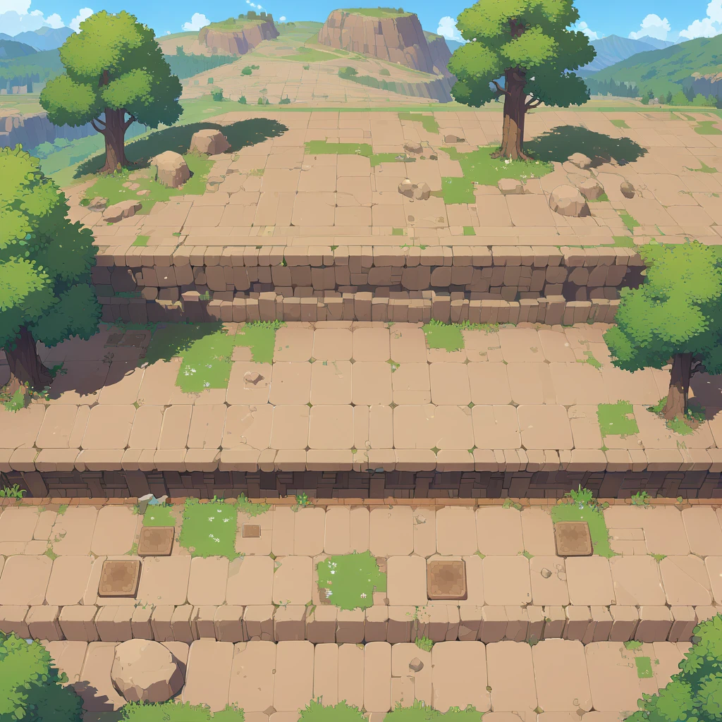 retro video game style,pixelated, vibrant pastel colors,8-bit characters,blocky shapes,sharp lines,detailed shading,classic gaming vibe,nostalgic atmosphere,classic arcade games,masterpiece:1.2,ultra-detailed,illustration style, 2d texture, stone texture, 4 k seamless mud texture, video game texture, dirt texture, tileset, game tiles, grass, 3/4th perspective trees, 3/4th perspective tileable rock texture, 3/4th perspective tileable cliff formations, tileable trees, topdown view, game texture, game art, tileable texture, very detailed cliff texture, intricate stones, top down view, 3/4th perspective, arena tiles, tiles, tileable tiles