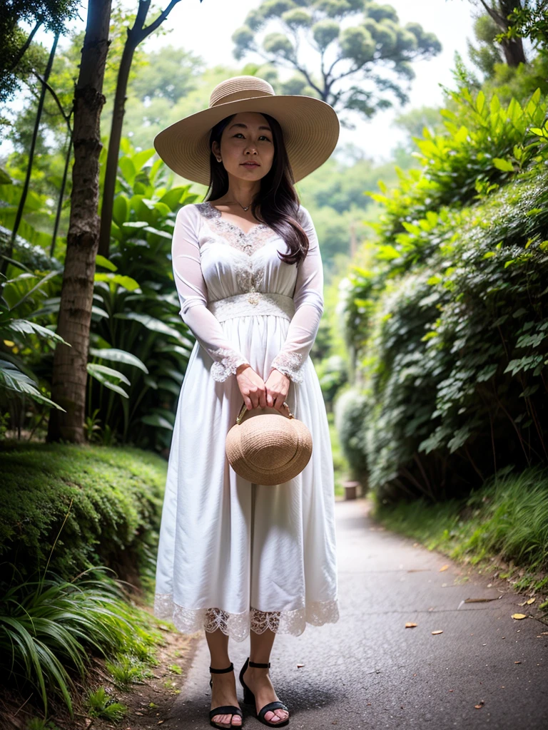 Neat lady, long hair, dress, big hat, forest,