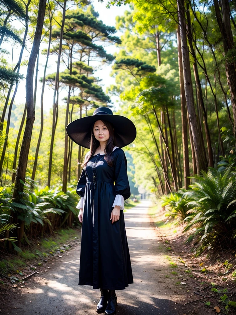 Neat lady, long hair, dress, big hat, forest,
