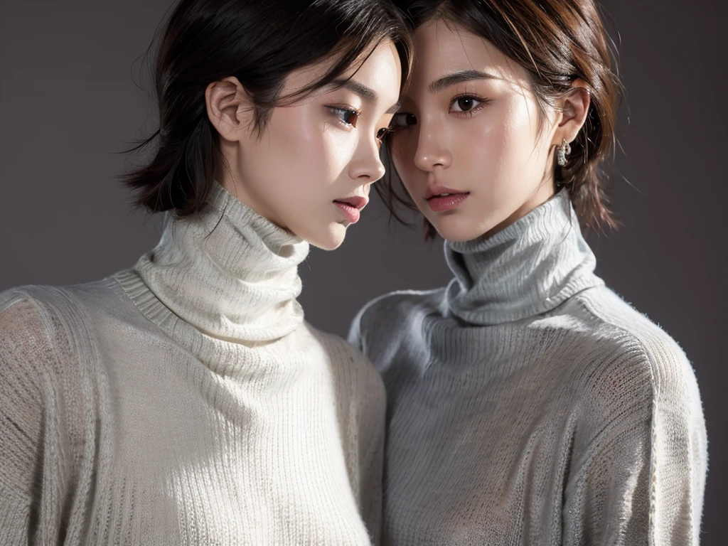 (((masterpiece, best quality,ultra-detailed,8k,high resolution))), (upper body),24 years old ,Japanese girl, 1girl, short hair, (Cover face with a turtleneck sweater:1.8),(grabbing turtleneck collar), (((Half a face out of a sweater)))