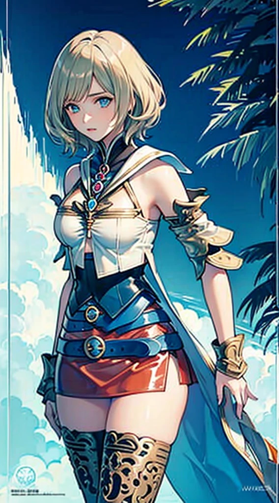 S-curve,s line,(cowboy  shot,masutepiece, of the highest quality, Best Quality, Official art, Beautiful and aesthetic:1.2), ighly detailed, Colorful,highest details,Illustrations,Everyday scenery, 1girl in, Solo, (large boob,Final Fantasy 12,Ashelia, shorth hair,short-hair ,Ashelia Costume,Red mini skirt, thighs thighs thighs thighs, Knee socks that cover up to the shin,jewely, Blue belt,Number on one of the belts), move chart,Medieval fantasy