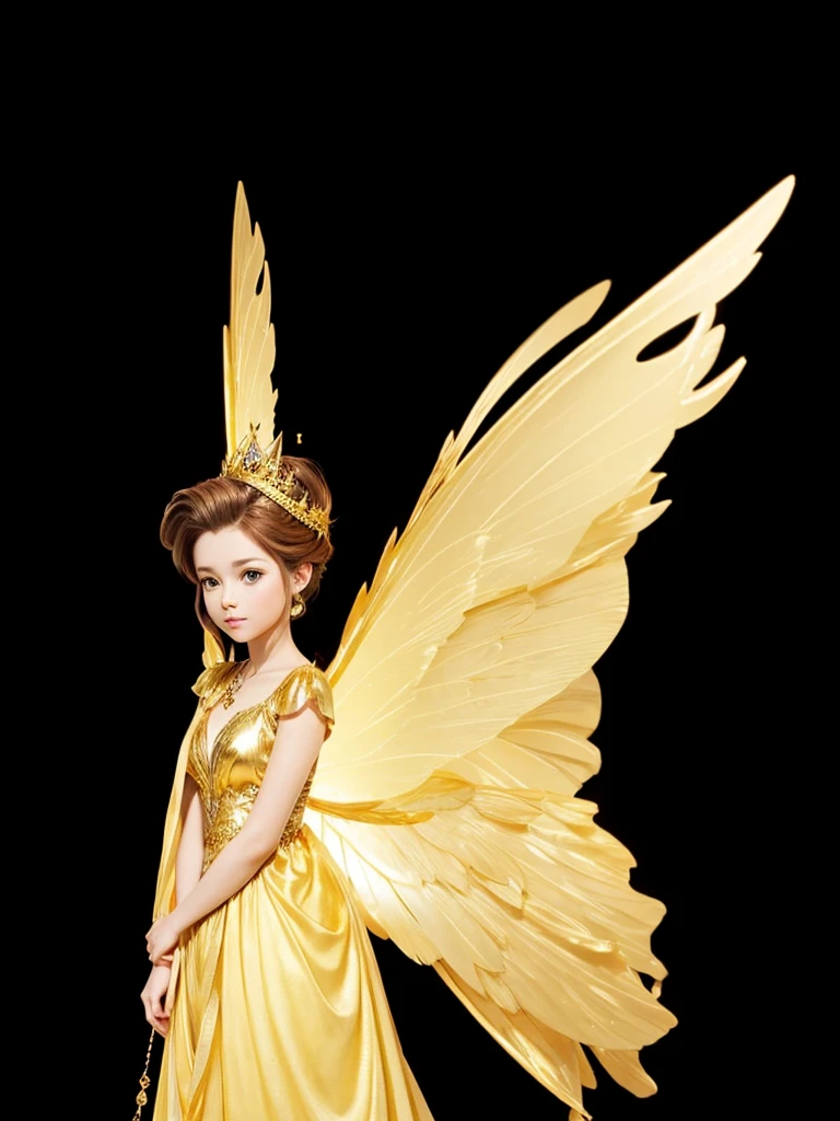 A beautiful fairy queen, in a golden dress, with golden wing, tied brown hair