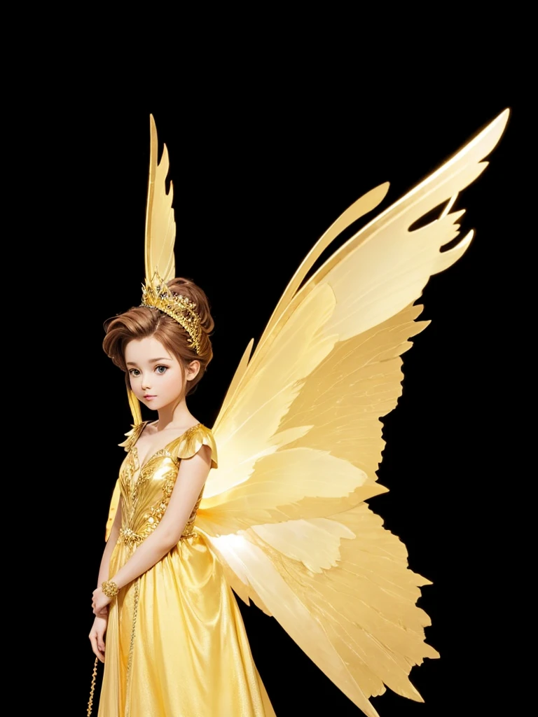 A beautiful fairy queen, in a golden dress, with golden wing, tied brown hair