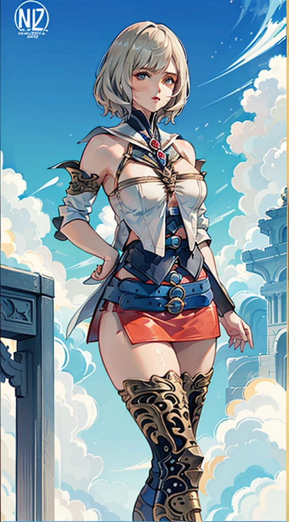 S-curve, s line, masutepiece, of the highest quality, Official art, Beautiful and aesthetic:1.2), ighly detailed, Colorful, highest details, Illustrations, Everyday scenery, 1girl in, Solo, (large boob, Final Fantasy 12, Ashelia, shorth hair, short-hair, Ashelia Costume, Red mini skirt, thighs thighs thighs thighs, Knee socks that cover up to the shin, jewely, Blue belt, Number on one of the belts), Medieval fantasy, move chart, close-up, Best Quality