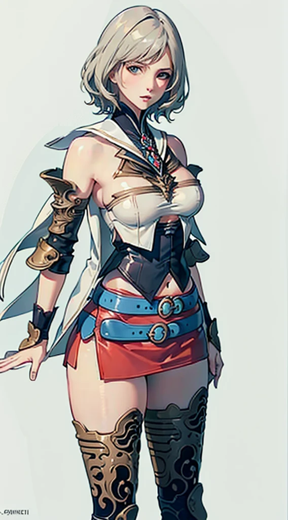 S-curve, s line, masutepiece, of the highest quality, Official art, Beautiful and aesthetic:1.2), ighly detailed, Colorful, highest details, Illustrations, Everyday scenery, 1girl in, Solo, (large boob, Final Fantasy 12, Ashelia, shorth hair, short-hair, Ashelia Costume, Red mini skirt, thighs thighs thighs thighs, Knee socks that cover up to the shin, jewely, Blue belt, Number on one of the belts), Medieval fantasy, move chart, close-up, Best Quality